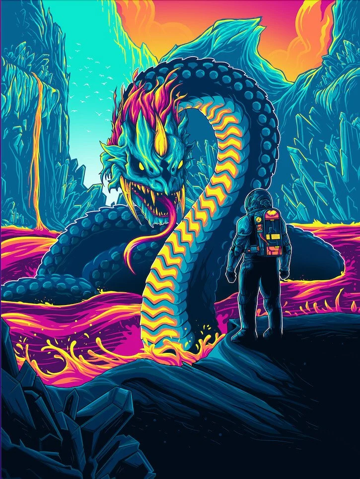 An astronaut facing a neon-colored dragon in a vibrant alien landscape