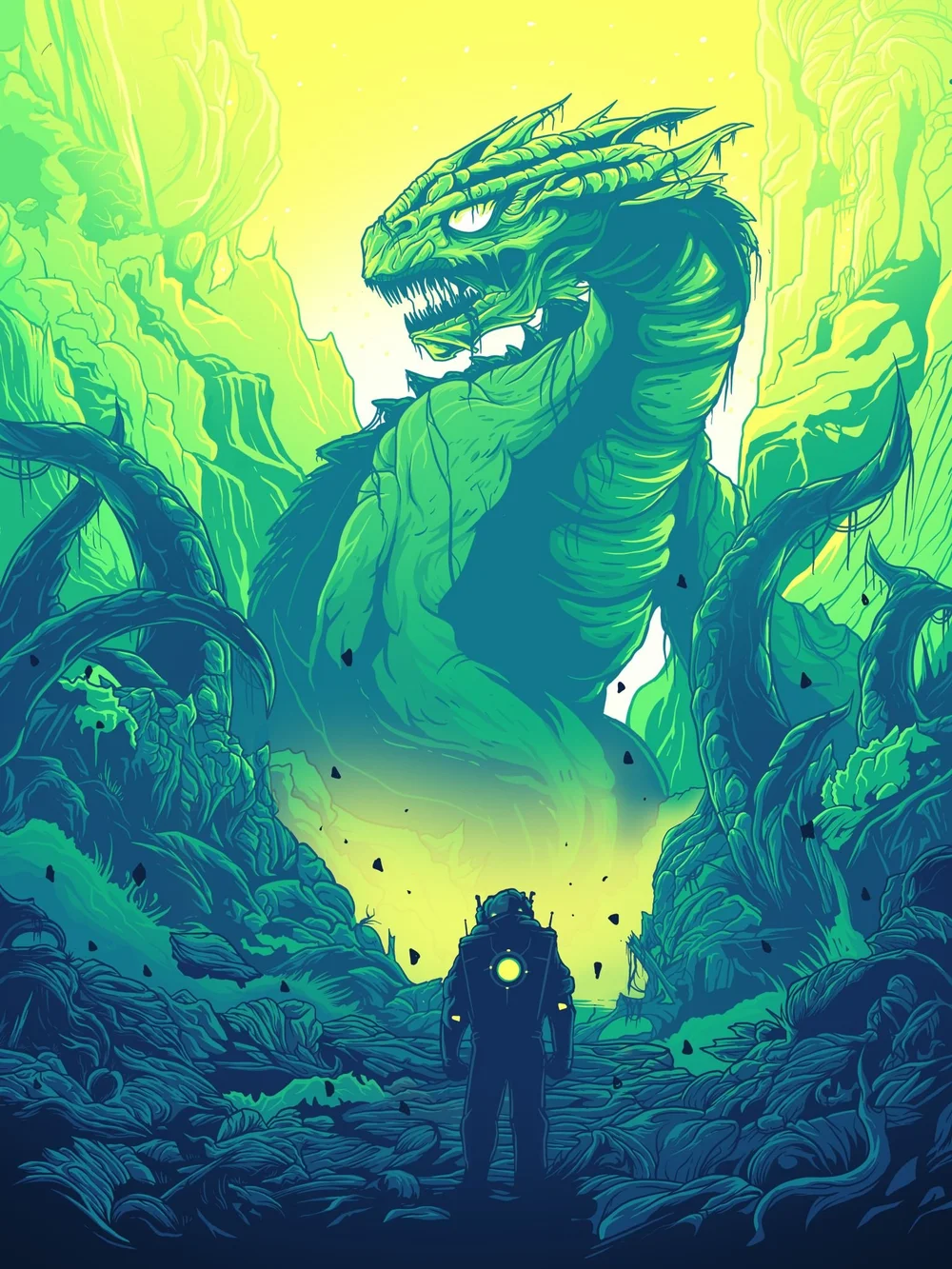 An astronaut in a lush green jungle facing a huge menacing serpent