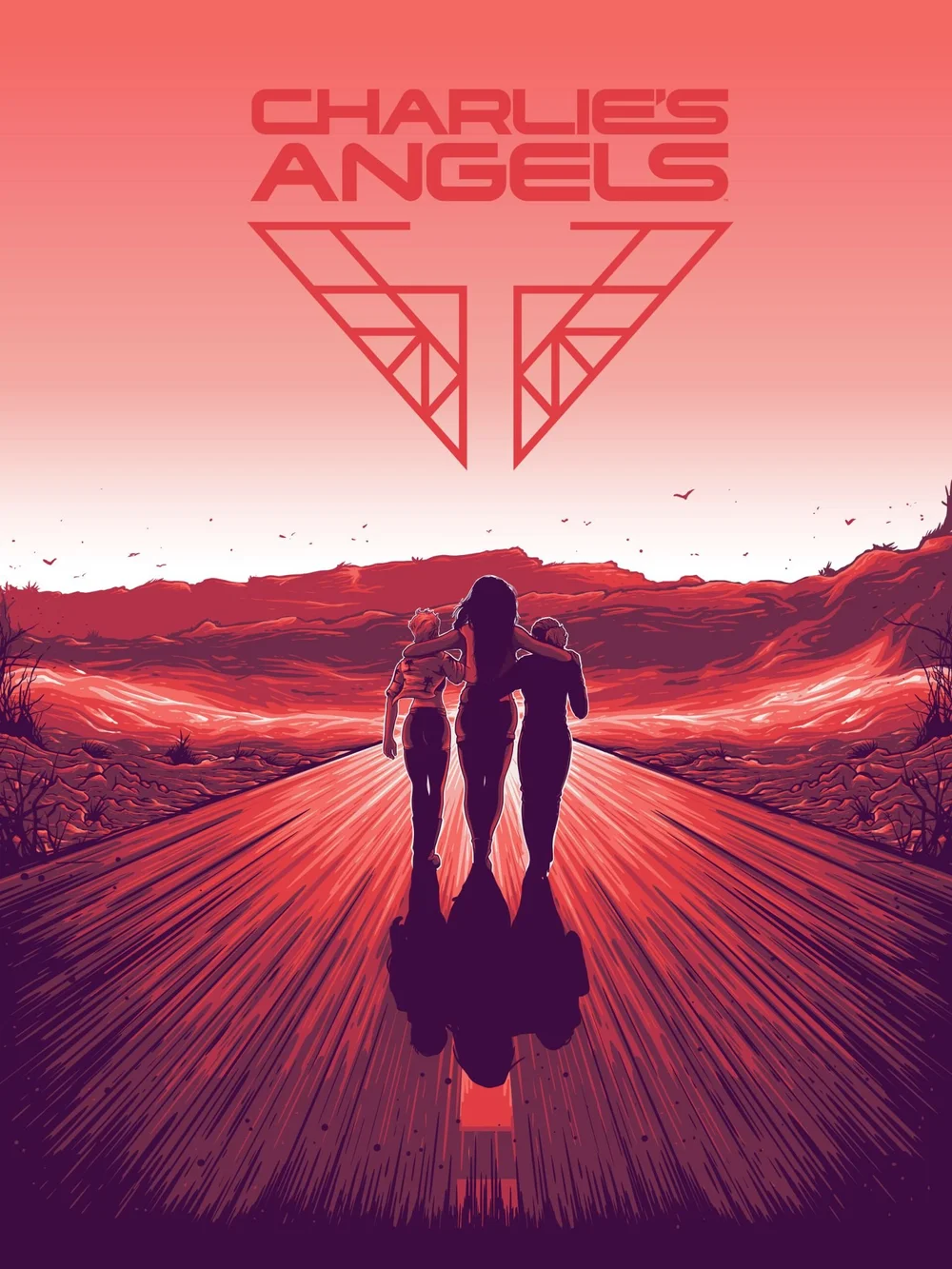 Three women walking together on a road with a desert landscape in bold red tones