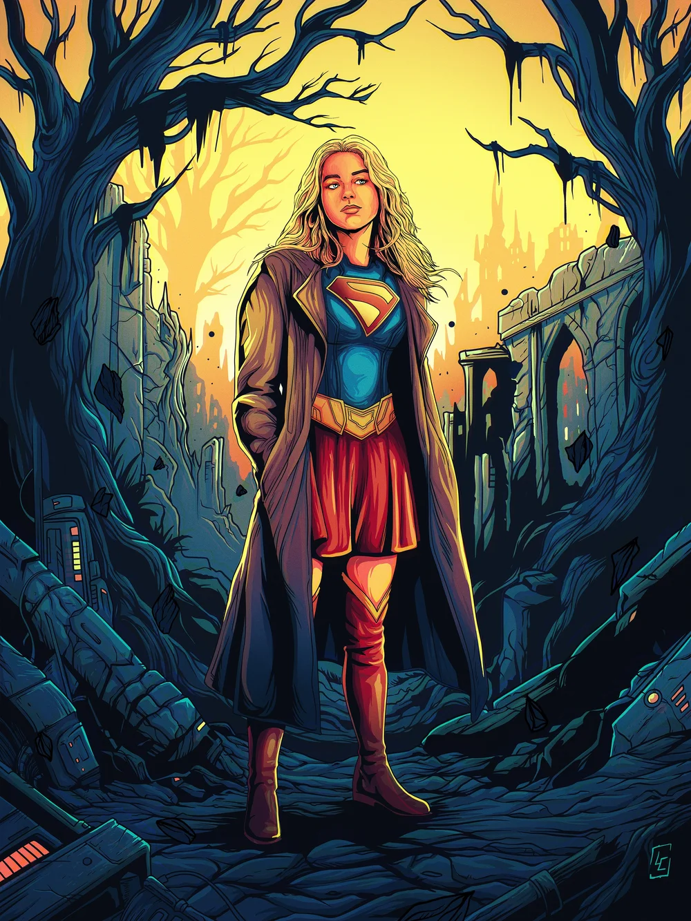 Supergirl standing in a post-apocalyptic cityscape with ruins and twisted trees